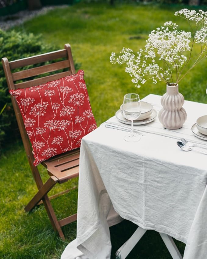Outdoor Waterproof Throw Pillows 16x16in, Pastoral Wildflowers Dandelion Patio Pillows Pack of 2,Decorative Pillow Covers with Insert,Pillow Cushion Case for Garden Couch Sofa Vibrant Red Background