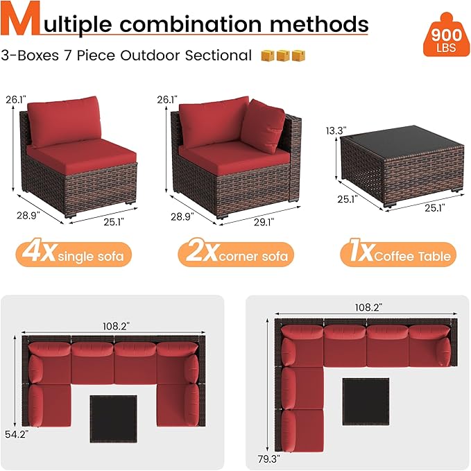 Patio Furniture Set, 7-Piece Outdoor Sectional Rattan Sofa Set with Coffee Table (Burgundy Cushions with Brown Rattan)