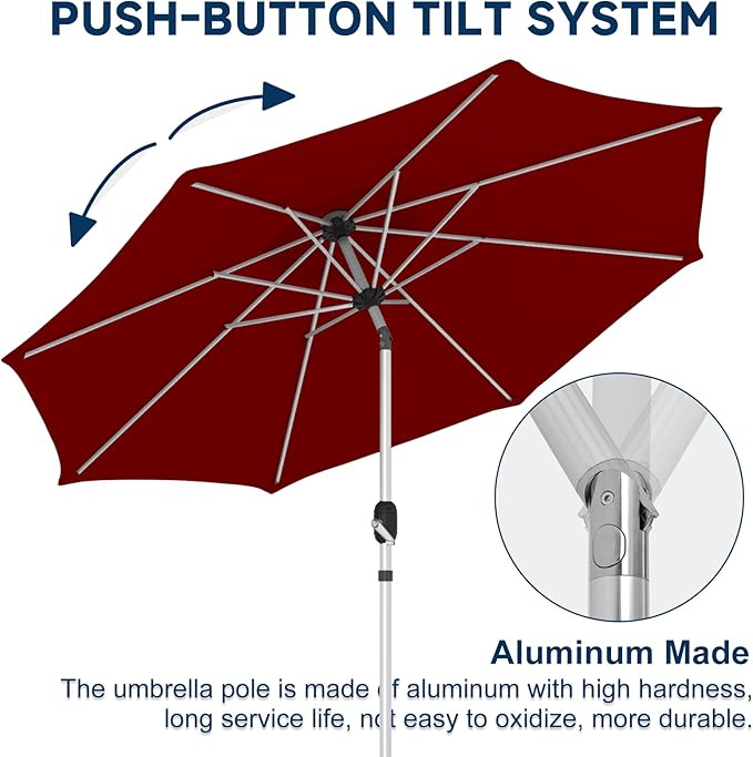 10FT Aluminum Outdoor Patio Umbrella, Fade-Resistant Market Umbrella with Push Button Tilt Function, 8 Sturdy All-Aluminum Ribs for Gardens, Patios, Backyards & Pools