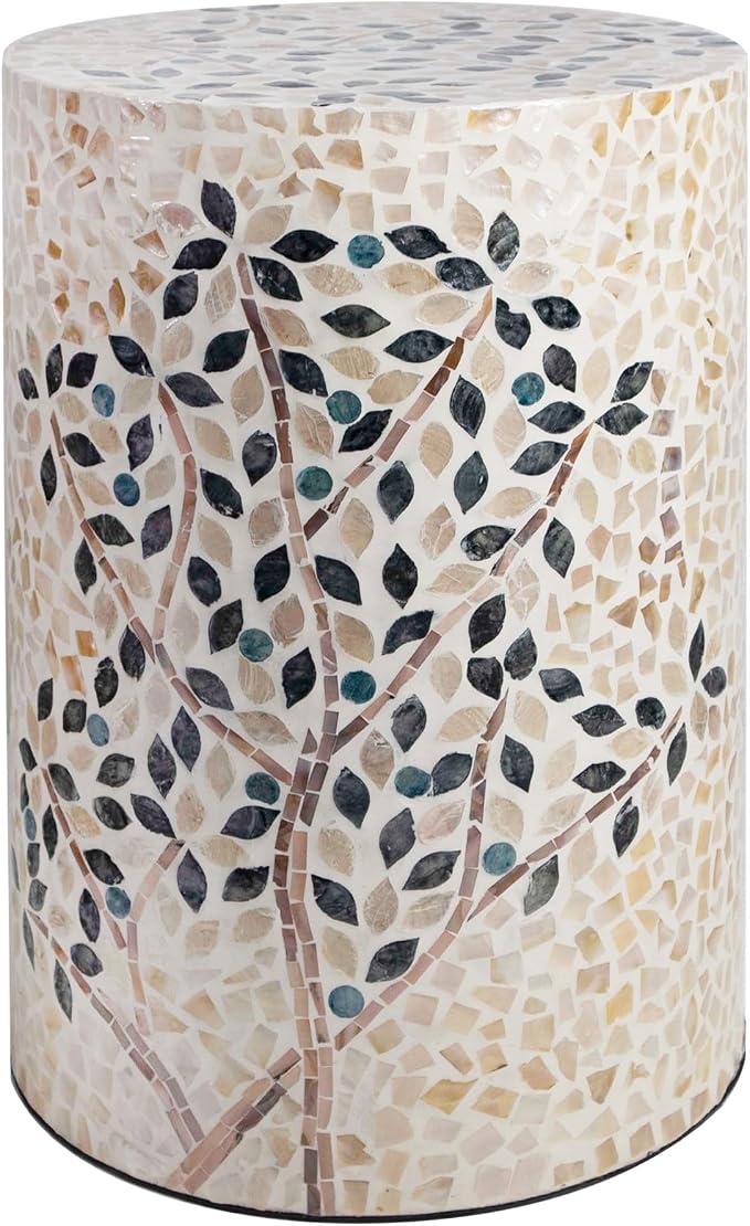 PEMAR Mother of Pearl Cylinder Drum End Table Nacre Side Stool Round Accent Table Coffee Bedside Nightstand and Vanity Stool Olive Tree 13" Diameter x 19.3" High