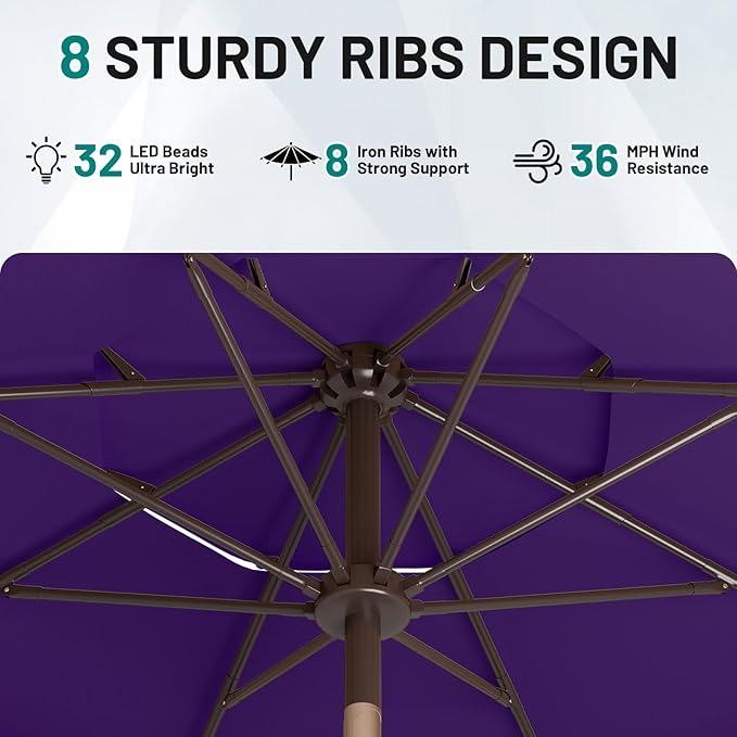 AreShark 9ft 3 Tiers Patio Umbrella with Solar Lights, Outdoor Umbrella w/ 32 LED Lights&8 Sturdy Ribs, Table Umbrella for Deck, Backyard, Pool (Dark Purple)