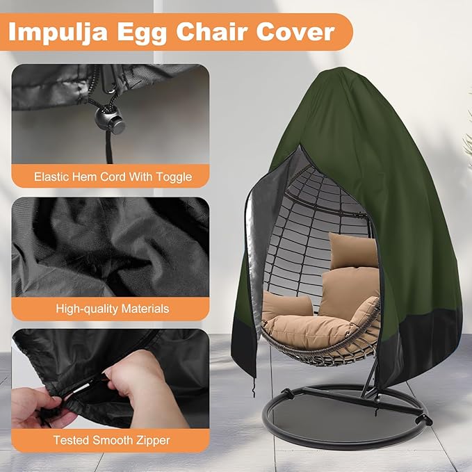 Garden egg chair cover with zipper , Outdoor hanging egg chair cover , UV protection ,Windproof ,Dutyproof, Waterproof,Fits single seat egg chair,75 x 45inch,Green.