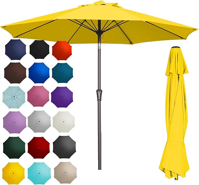 PatioKingdom 9FT Patio Outdoor Umbrella-UPF 50+ Sun Shade with Wind Vent, Push-Button Tilt & Smooth Crank Lift, Rust-Resistant Fiberglass Frame for Garden, Backyard,Yard (Yellow)