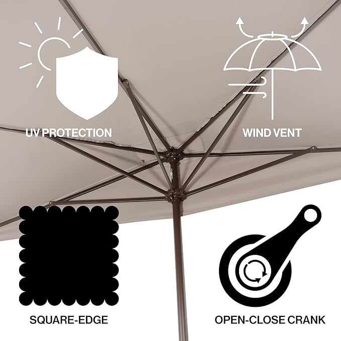 JONATHAN Y Sidney Coastal 9 ft. Gray Half Umbrella for Outdoor Patio, Space-Saving Rectangular Wall Sun Shade with Crank Lift, UV Protection for Balcony, Deck, Dark Brown Pole UMB1200A