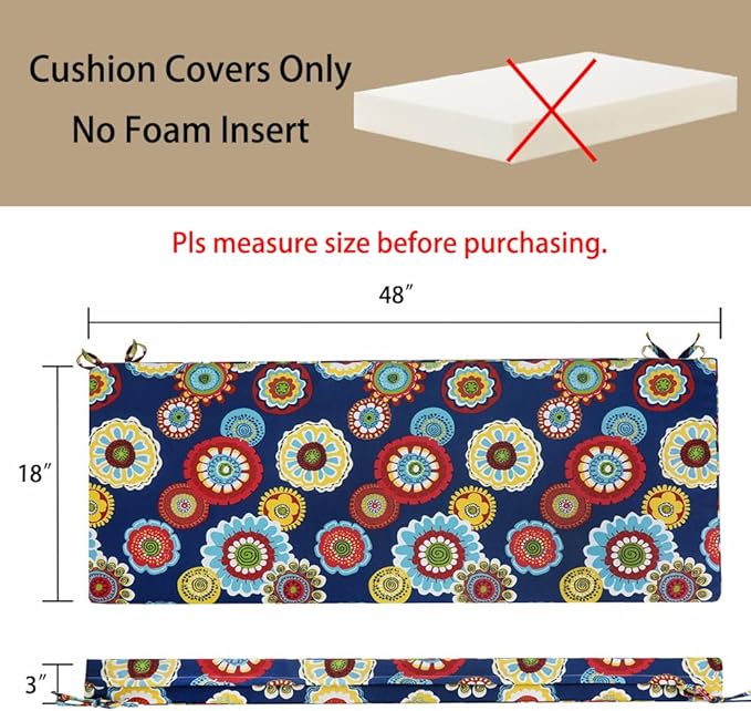 Magpie Fabrics Patio Bench Cushion Cover 48x18x3 Inch, NO Insert! Water&Fade Resistant Outdoor Loveseat Replacement Cover with Zipper (Floral Navy)