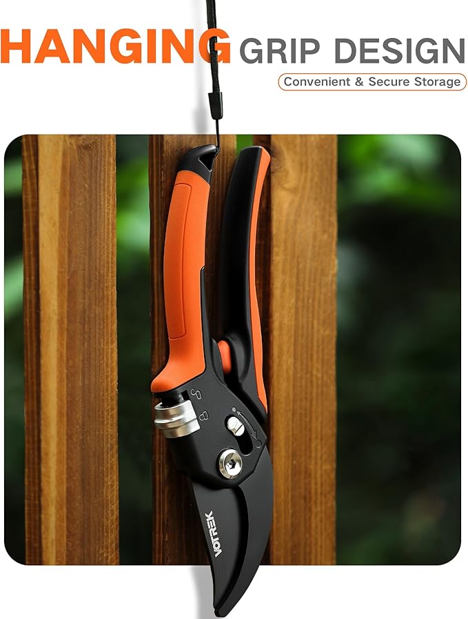 8.5" Pruning Shears for Gardening, 【Unique Stepless Handle Opening】Professional Bypass Garden Clipper, Heavy Duty Plant Pruners for Branch 【SK5 Steel Blades】【All Hand Sizes】,Bright Orange