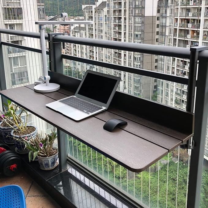 Balcony Bar Table for Railings,Outdoor Side Tables, Balcony Railing Hanging Table Folding Balcony Table Hanging Adjustable Deck Table for Patio, Garden,1.5cm Imitation Wooden