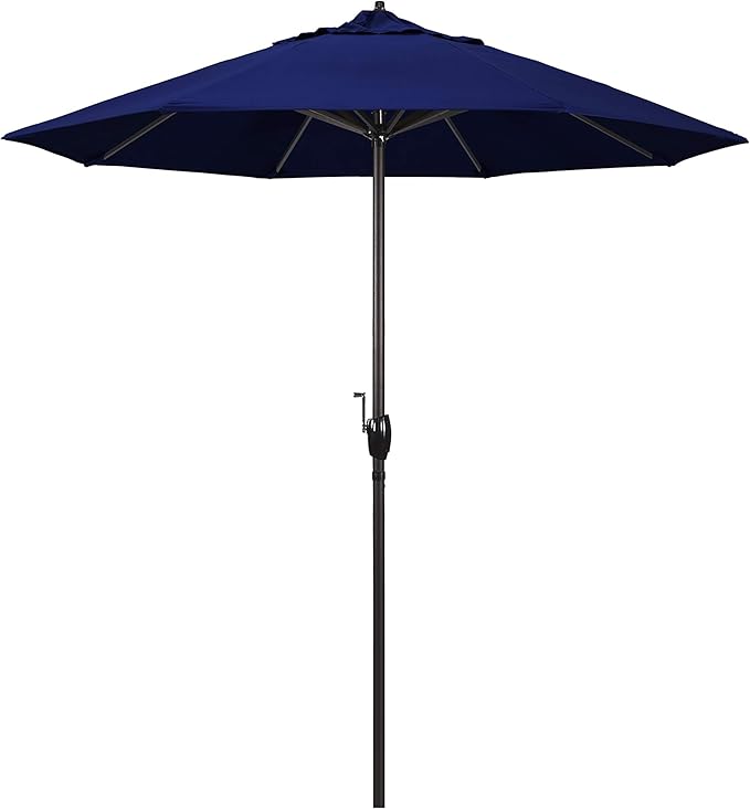 California Umbrella 7.5' Round Sunbrella Aluminum Outdoor Deck, Pool or Patio Umbrella, Crank Lift, Auto Tilt, Bronze Pole, True Blue