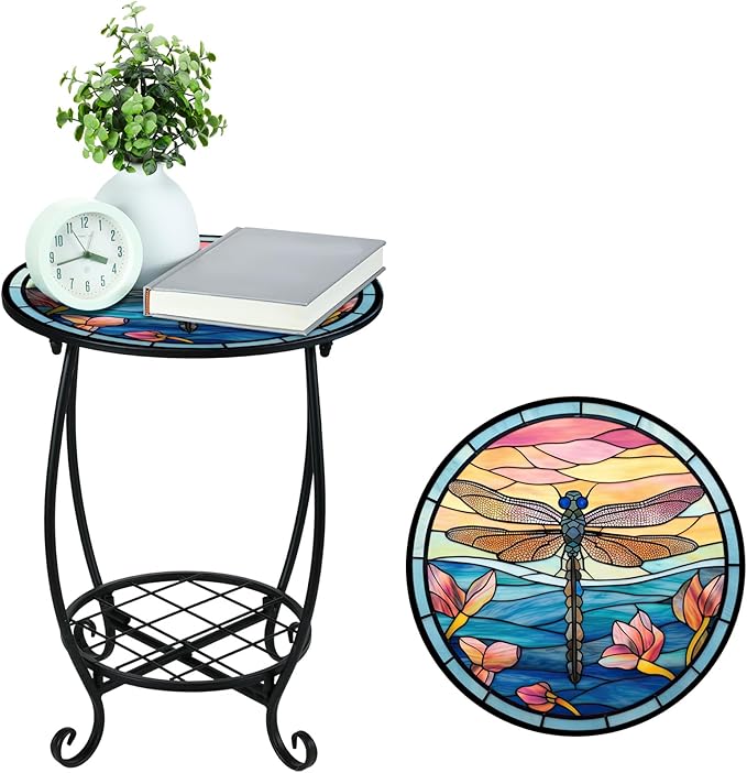 Cinnvoice Outdoor Side Table Round Small Mosaic Patio Accent Indoor End Plant Coffee Tea Table for Yard Patio Porch Garden Living Room, Bedroom(Dragonfly Style,14 Inch)