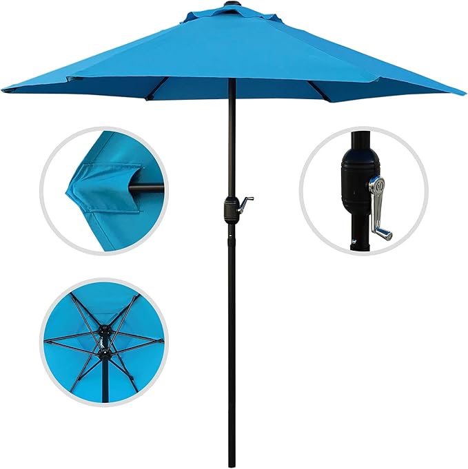 7.5 Feet Outdoor Umbrella with Crank Weather Resistant Umbrella Durable 6 Sturdy Steel Ribs Market Outdoor Table Umbrella Aqua
