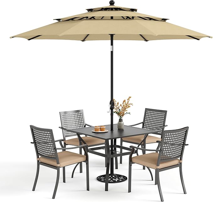 PHI VILLA 5 Pieces Outdoor Dining Set for 4 with 10ft Umbrella, 37" Metal Square Table & Stackable Wrought Iron Chair with Cushions & Beige Umbrella, Modern Furniture Set for Patio, Deck, Yard, Porch