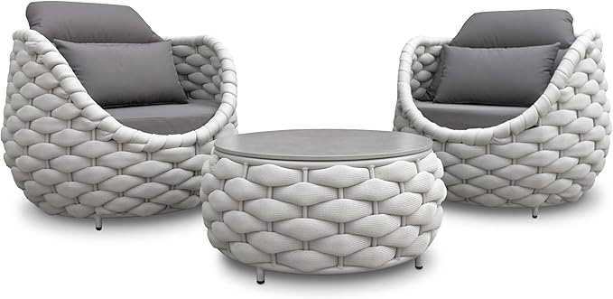 Front Porch Furniture Set 3 Piece: Aluminum Woven Rope Patio Conversation Sofa Set for 2 - Assembled Outdoor Deck Couch Armchair Set Cushions - for 400lb Balcony Pool Yard Bistro Hotel - Gray