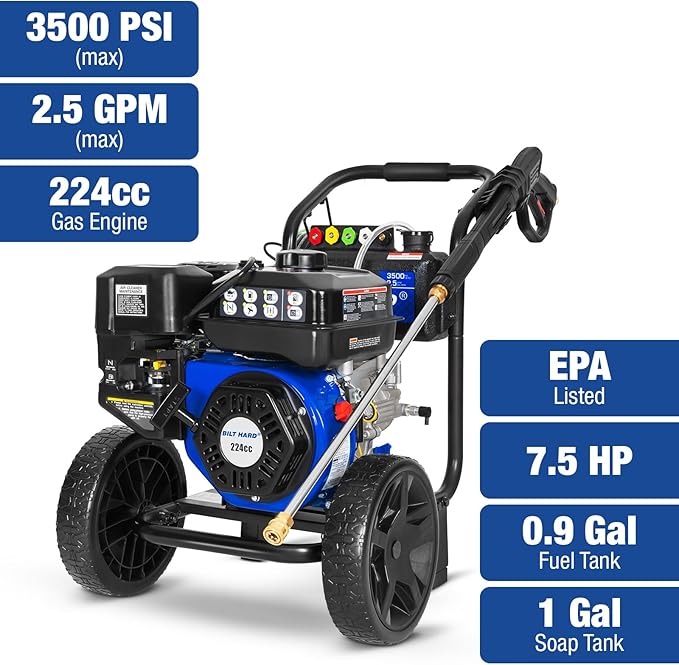 BILTHARD 3500 PSI Gas Pressure Washer, 2.5 GPM Heavy Duty Power Washer with 224cc 4 Cycle Engine, Spray Gun and Wand, 5 Quick Connect Nozzle Tips, 3/5 Inch x 25 Foot Hose, 49 State Compliant