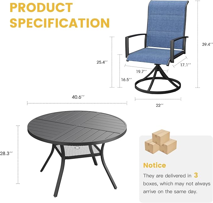 VICLLAX Patio Dining Set for 4, 4 Seats Outdoor Furniture Includes 40.7" Round Patio Table and Swivel Padded Chairs, Black Tabletop and Blue Fabric