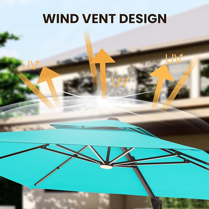 9 X 12 FT Cantilever Patio Umbrella with Led Lights Outdoor Heavy Duty Double Top Rectangle Offset Umbrellas with 360-degree Rotation for Pool Deck Backyard, Turquoise