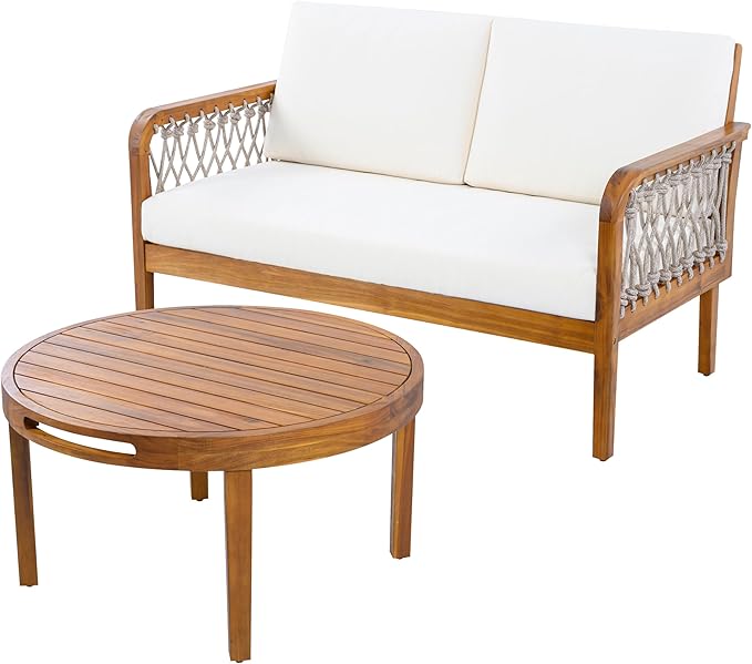 Merax 4-Piece Outdoor Acacia Wood Patio Conversation Set, 2 Club Chairs + Loveseat & Coffee Table with Handwoven Rope & Cushions, Furniture Set for Garden, Balcony, Poolside, Teak