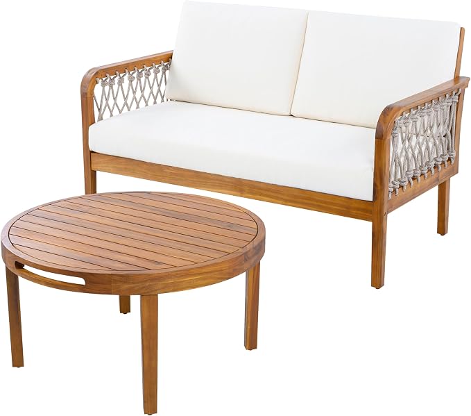 Merax 4-Piece Outdoor Acacia Wood Patio Conversation Set, 2 Club Chairs + Loveseat & Coffee Table with Handwoven Rope & Cushions, Furniture Set for Garden, Balcony, Poolside, Teak