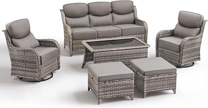 Luxury 6 Pieces Outdoor Patio Furniture Set-All Weather Wicker Outdoor Furniture with Swivel Rocker Patio Chairs 6-inch Extra Thick Cushions Wicker Conversation Set for Garden Porch(Grey/Grey)