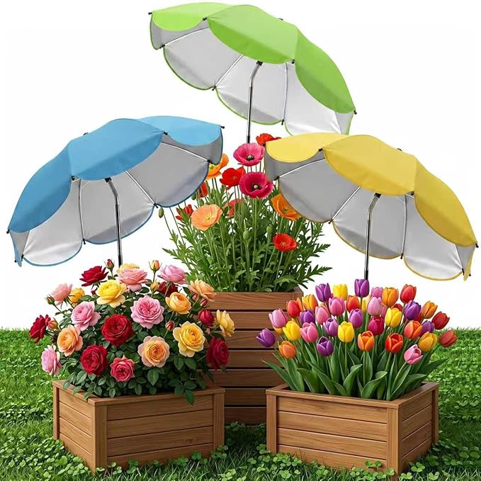 Plant Umbrellas for Outdoor Plants, Upgraded Large Garden Umbrella for Potted Plants Shade with Adjustable Height, 360° Adjustable Direction and Thickened Support Pole, Waterproof Sun Shade for Garden Potted Plants
