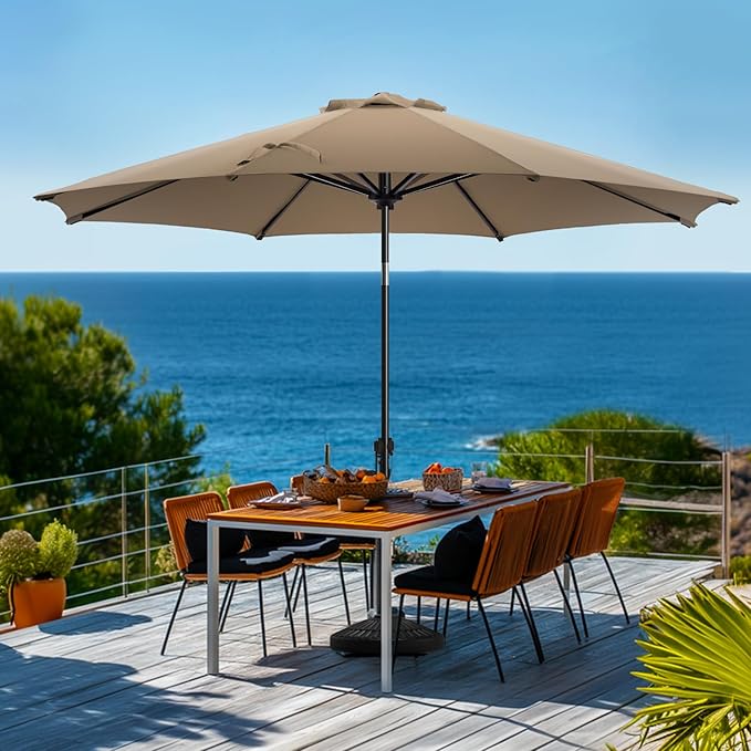 wikiwiki 10 FT Patio Umbrellas Outdoor Table Market Umbrella with Push Button Tilt/Crank, 8 Sturdy Ribs, Fade Resistant Waterproof POLYESTER DTY Canopy for Garden, Lawn, Deck, Backyard & Pool, Tan