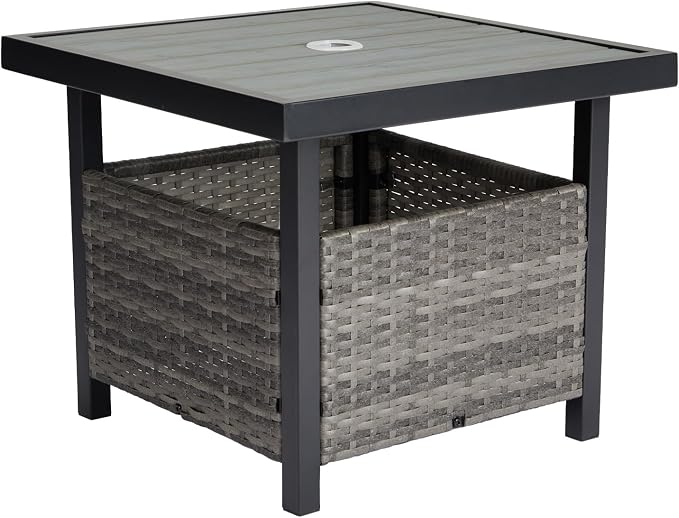 Outdoor Patio Umbrella Stand Table, All Weather Small Wicker Side Table with Umbrella Hole, 22 in Rattan Base Table (Grey)