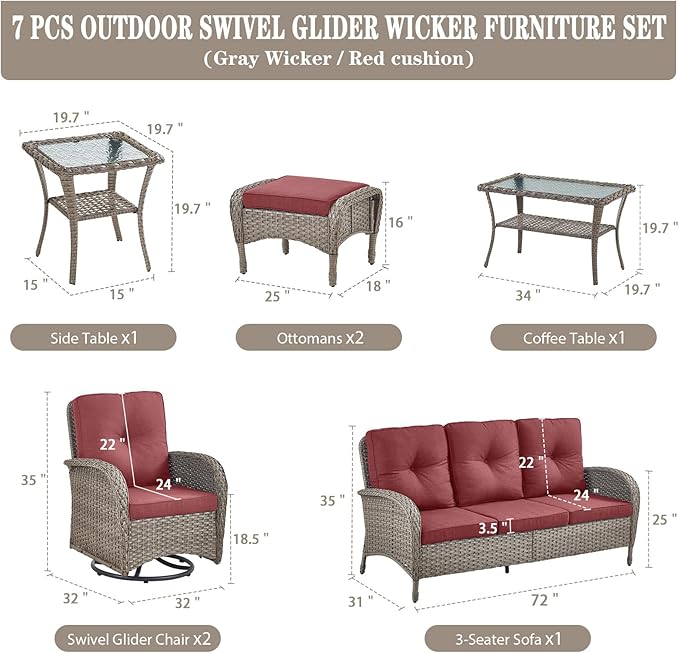 Belord Wicker Outdoor Furniture Set - 7 Piece Patio Conversation Sets with Comfort Swivel Rocker Glider Patio Chairs Set of 2 and Rattan Sofa, Tempered Glass Coffee Table and Side Table,Gray/Red