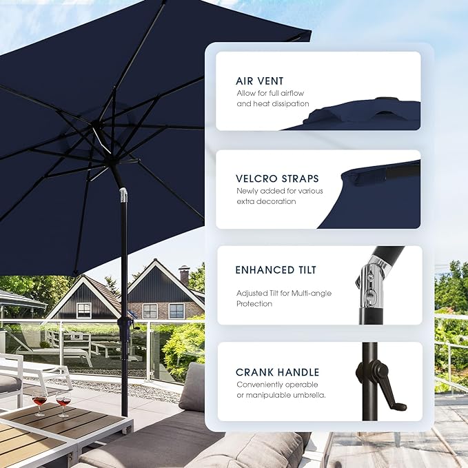 wikiwiki 10 FT Patio Umbrellas Outdoor Table Market Umbrella with Push Button Tilt/Crank, 8 Sturdy Ribs, Fade Resistant Waterproof POLYESTER DTY Canopy for Garden, Lawn, Backyard & Pool, Navy Blue