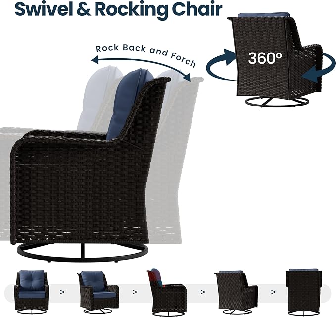 Kullavik 7 Pieces Patio Furniture Set,All-Weather Wicker High Back Outdoor Swivel Rocker Patio Chairs with Coffee Table & Thick Cushions,Paito Conversation Set for Porch,Deck,NavyBlue