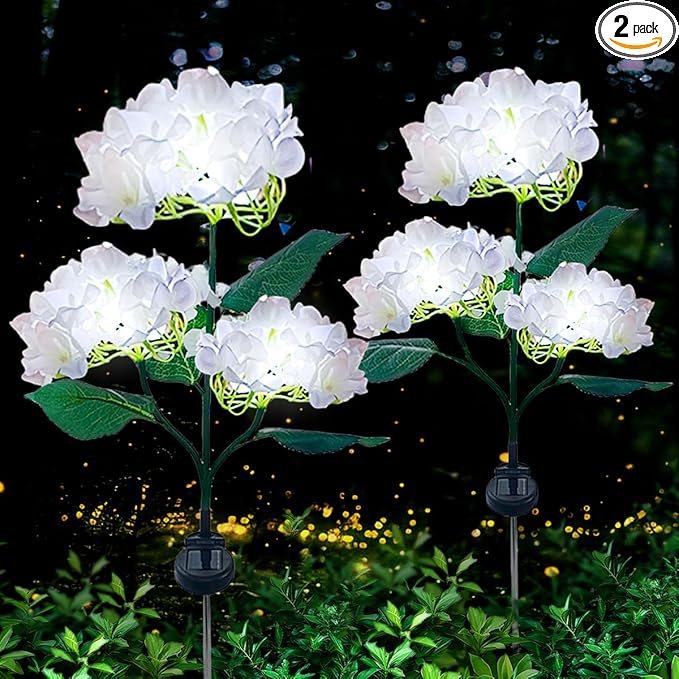 Aolyty Solar Garden Lights Outdoor, Solar Hydrangea Lights IP65 Waterproof LED Flowers Stake Lights 2 Pack for Garden Pathway Patio Backyard Landscape Decorative (White)