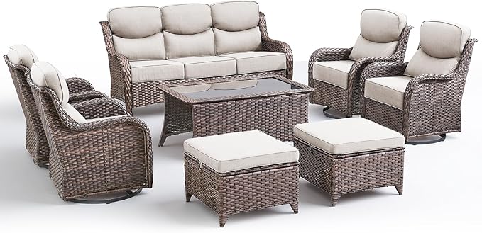 Luxury 8 Pieces Outdoor Patio Furniture Set-All Weather Wicker Swivel Rocker Patio Chairs with 6" Thick Cushion Rattan Sofa Coffee Table, Outdoor Conversation for Garden Porch Backyard(Brown/Beige)