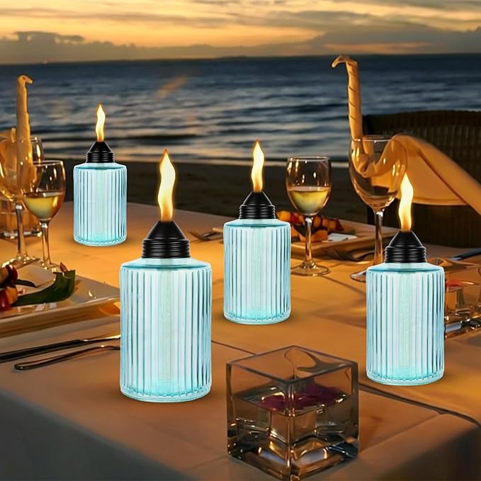 12oz Glass Table Torches 4 Pack, Citronella Refillable Tabletop Torch for Outside with Wick and Snuffer Cap, Outdoor Flame Lanterns for Garden Yard Patio Party Decor (Blue)