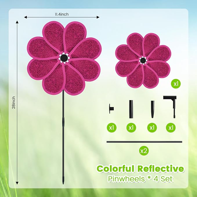 4 PCS 11.4" W x 28" H Reflective Pinwheels Sparkly Lawn Wind Spinners Colorful Rainbow Windmill for Garden Decoration Bird Devices Deterrent to Scare Birds Away（Rose Red）