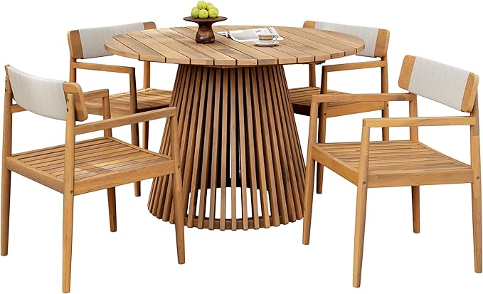 Merax 5 Pieces Patio Dining Sets for 4 People, Outdoor Acacia Wood Furniture Sets, 47.25" Large Round Table & Slatted Dining Chairs for Garden Patio Deck, Teak Look & White Rope