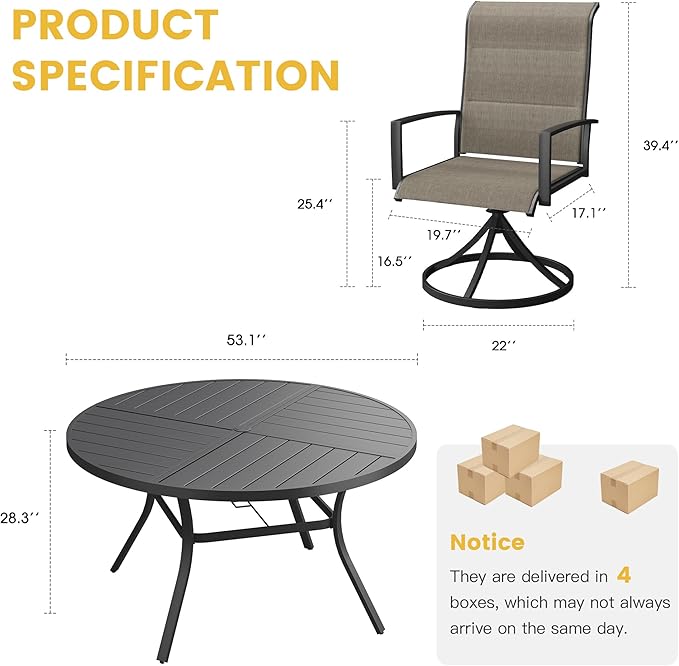 VICLLAX Patio Dining Set for 6, 6 Seats Outdoor Furniture Includes 53.1" Round Patio Table and Swivel Padded Chairs, Black Tabletop and Mixed Brown Fabric