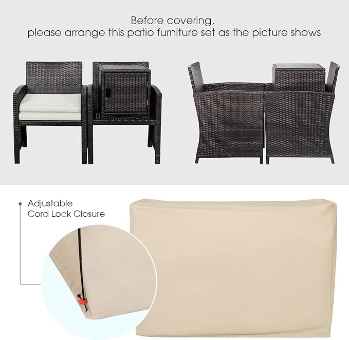 Tangkula 3 Pieces Outdoor Wicker Conversation Set with Waterproof Cover, 2 Patio PE Rattan Cushioned Chairs with Side Storage Table, Suitable for Front Porch, Balcony, Garden, Poolside (White)