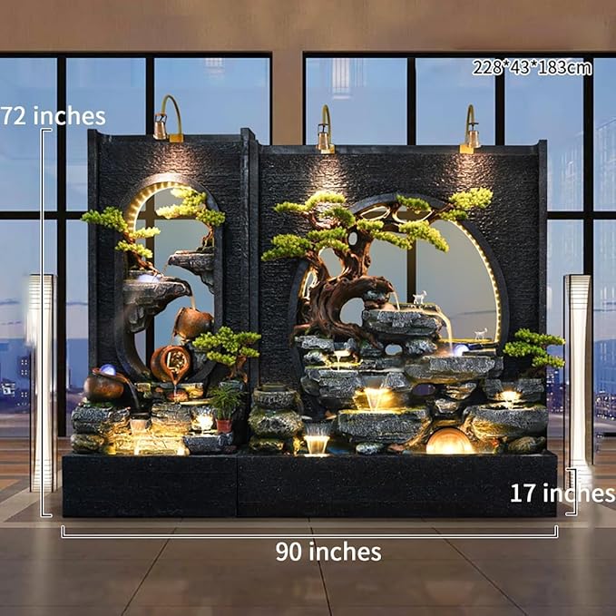 60" LED Outdoor Cement Fountain with Mist, Rock Waterfall & 50 Crystals – Zen Decor for Patio, Garden, Balcony or Housewarming (B+C)