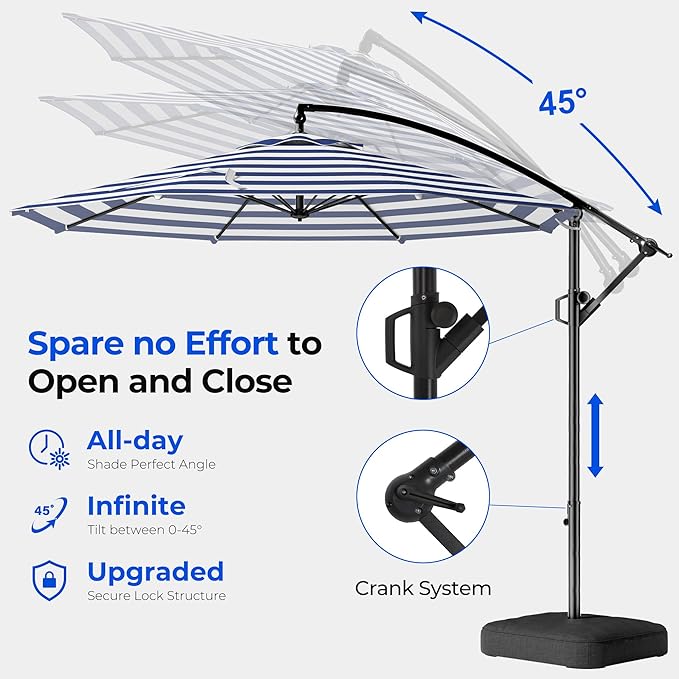 HOMSHADE 10ft Offset Patio Umbrella wIth Base, Cantilever Offset Hanging Patio Outdoor Market Umbrella UPF50+ UV Protection with Easy Tilt and Crank for Pool Deck and Garden(Navy Blue Stripes)
