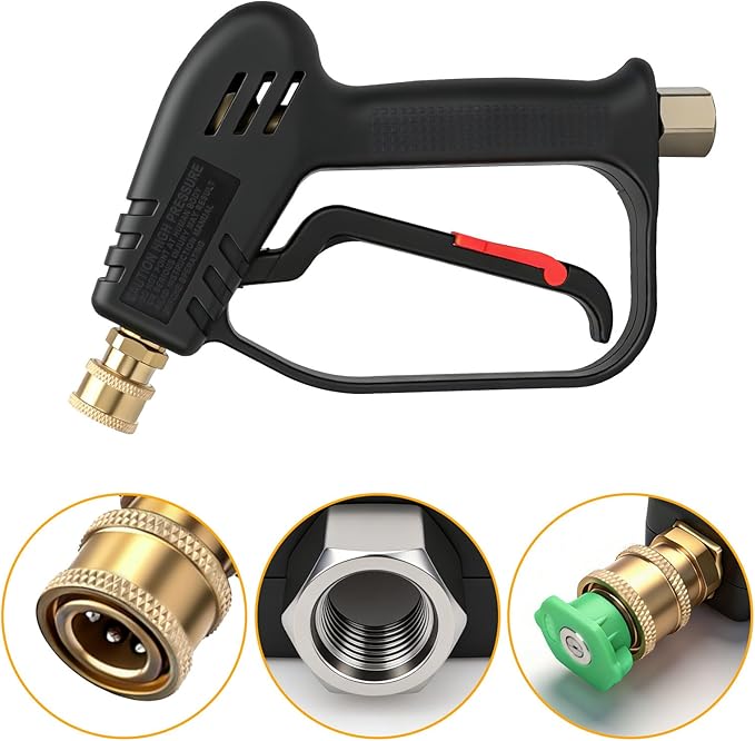 Short Pressure Washer Gun with Swivel,Stubby Pressure Washer Gun,4000 PSI Pressure Water Handle,M22 14mm/15mm & 3/8" QC Inlet,1/4" Quick Connect Outlet for Foam Cannon,Car Wash and Cleaning