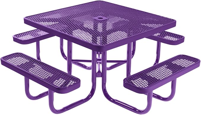 COATEDOUTDOORFURNITURE Heavy-Duty Portable Outdoor Picnic Table with Umbrella Hole, Expanded Metal Commercial-Grade Patio Furniture Made in America (46" Square Top, Purple with Purple Frames)