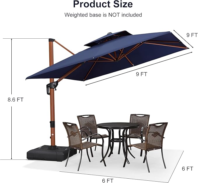 PURPLE LEAF 9ft Patio Umbrella Outdoor Square Umbrellas Large Cantilever Umbrella Windproof Offset Umbrellas Heavy Duty Sun Umbrella for Garden Deck Pool Patio, Navy Blue