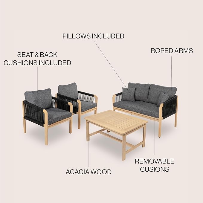 JONATHAN Y Tavira Coastal 4-Piece Acacia Wood Outdoor Patio Set, Black Woven Rope Conversation Furniture with Coffee Table and Removable Dark Gray Cushions for Backyard, Garden, Porch LVG1202B-4SET