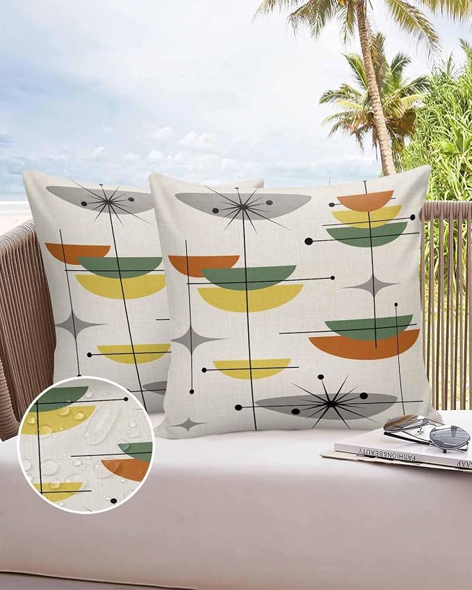 Vandarllin Outdoor Throw Pillows Covers 18x18 inch Set of 2 Waterproof Boho Mid Century Decorative Zippered Cushion Covers for Patio Furniture, Sage Green Yellow Geometric Abstract Lumbar Pillowcases