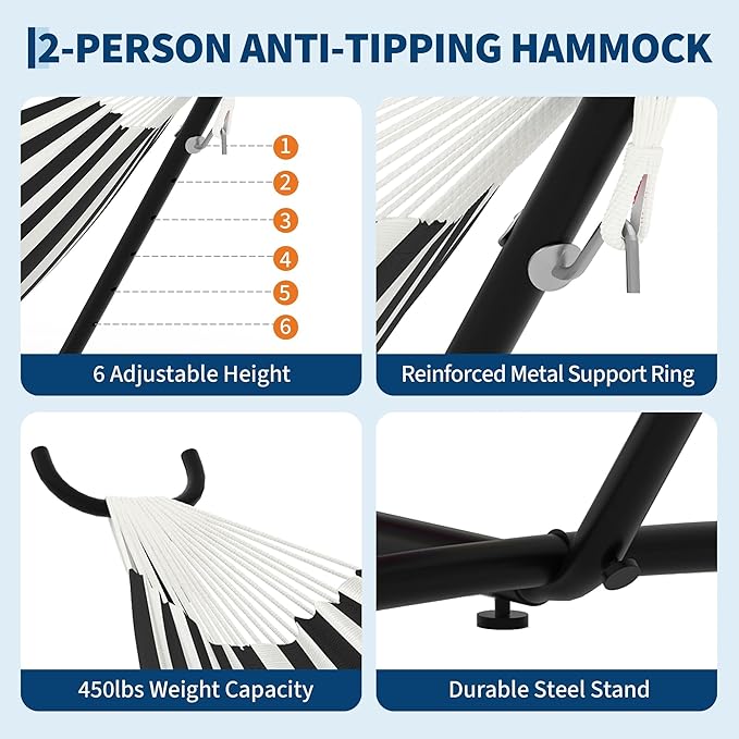 2 Person Hammocks with Stand for Outside, Double Hammocks Portable Space Saving Heavy-Duty Steel Stand for Indoor Outdoor Patio with Carrying Bag, 450 lbs Capacity