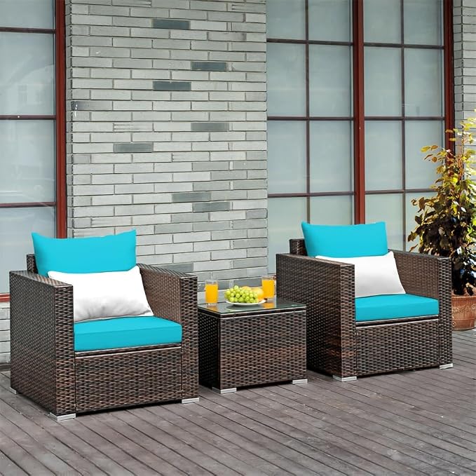 3PCS Patio Rattan Furniture Set Conversation Sofa Cushioned Turquoise