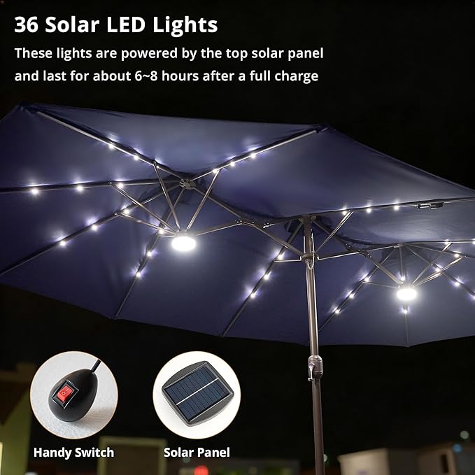 15ft Large Patio Umbrellas with Base & Solar Lights,Outdoor Rectangle Double-Sided Market Umbrella with Stand & 38 LED Lights,Outside Umbrellas for Poolside Deck Backyard (Navy Blue)