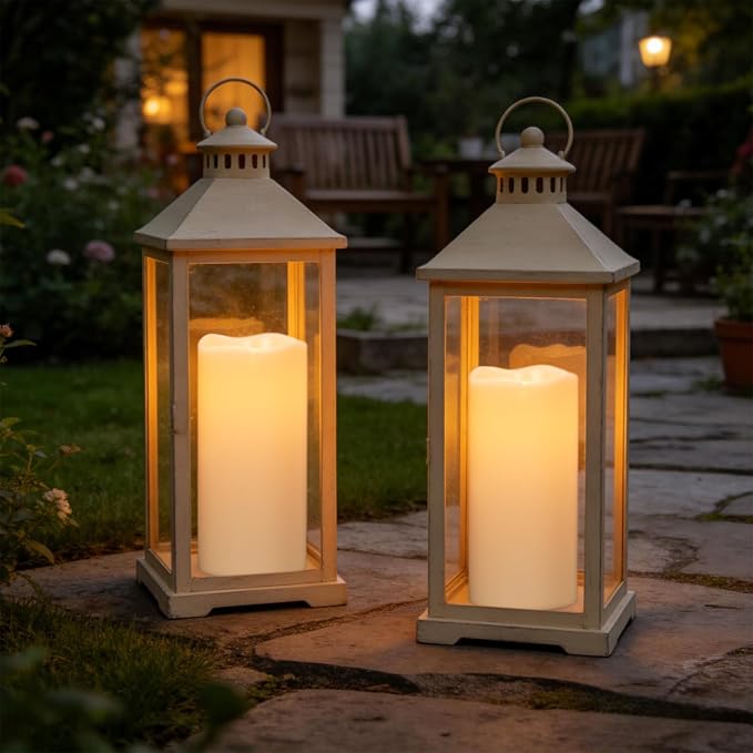 Eldnacele Large Outdoor Solar Flameless Candles Waterproof, 4" x 8", Solar Powered Dusk to Dawn Plastic LED Flickering Pillar Candles for Garden Patio Lanterns Wedding Holiday Decor(2 Pack White)