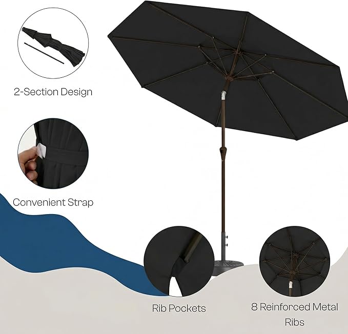 Outdoor Patio Umbrella, 2 Tiers Market Table Umbrella with 8 Sturdy Ribs, Push Button Tilt and Crank, UPF50+ UV Protection for Deck, Pool, Garden and Backyard