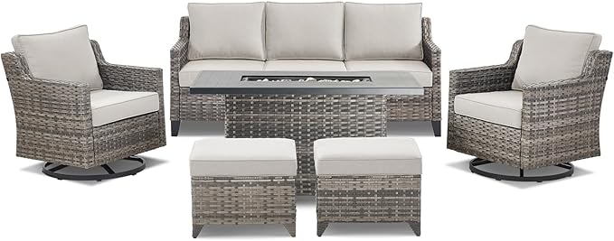 Patio Furniture Set with 42.5" Fire Pit Table-6 Pieces All Weather Wicker Outdoor Furniture with High Back Swivel Patio Chairs Set of 2 Outdoor Couch for Deck Backyard Beige/Gray