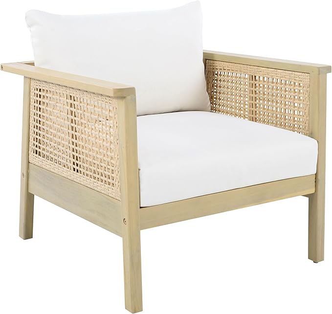 Christopher Knight Home Teras 8-Seater Patio Furniture Set with Removable Cushion, 5 Piece Outdoor Acacia Wood Conversation Set, Sold Wood Outdoor Sectional Sofa Set with Coffee Table,Light Teak+Cream