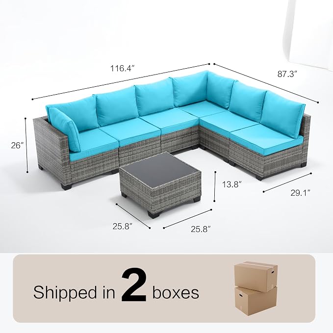 7-Piece Outdoor Patio Furniture Set, Gray PE Rattan Sectional Sofa with Turquoise Cushions and Steel Frame, Coffee Table Included, Modular Outdoor Conversation Set for Patio Garden Poolside